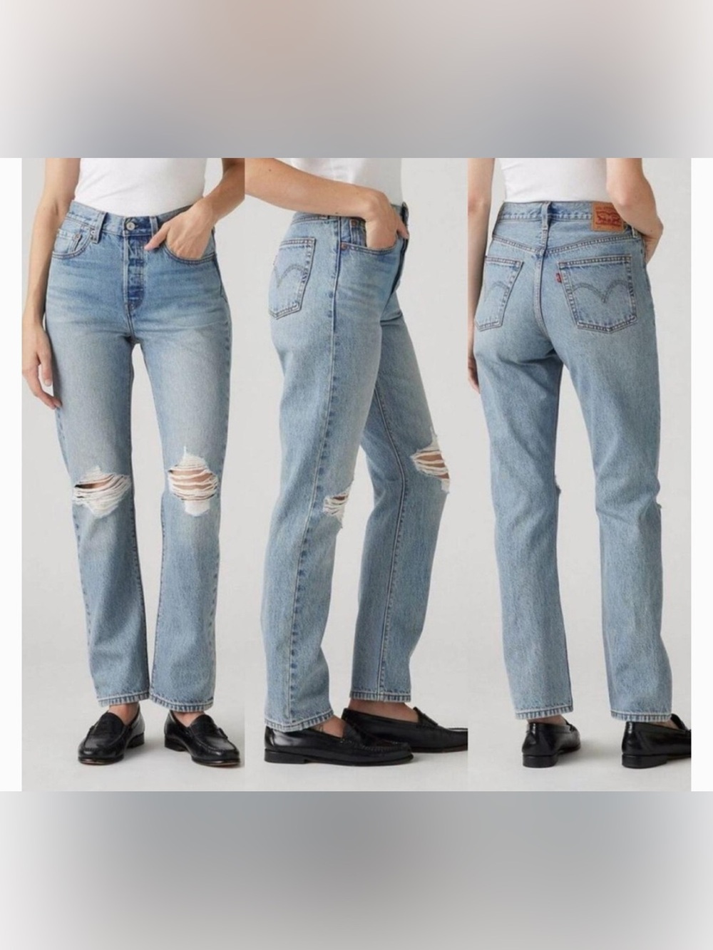 Levi's 501 Button Fly Light Blue Straight Leg Ripped Jeans - 29x29